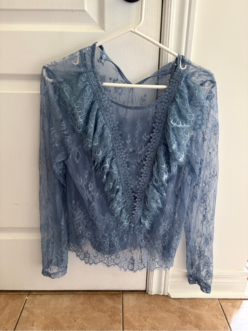 Suzy Shier Dusty Blue Lace Ruffle V-Neck Blouse